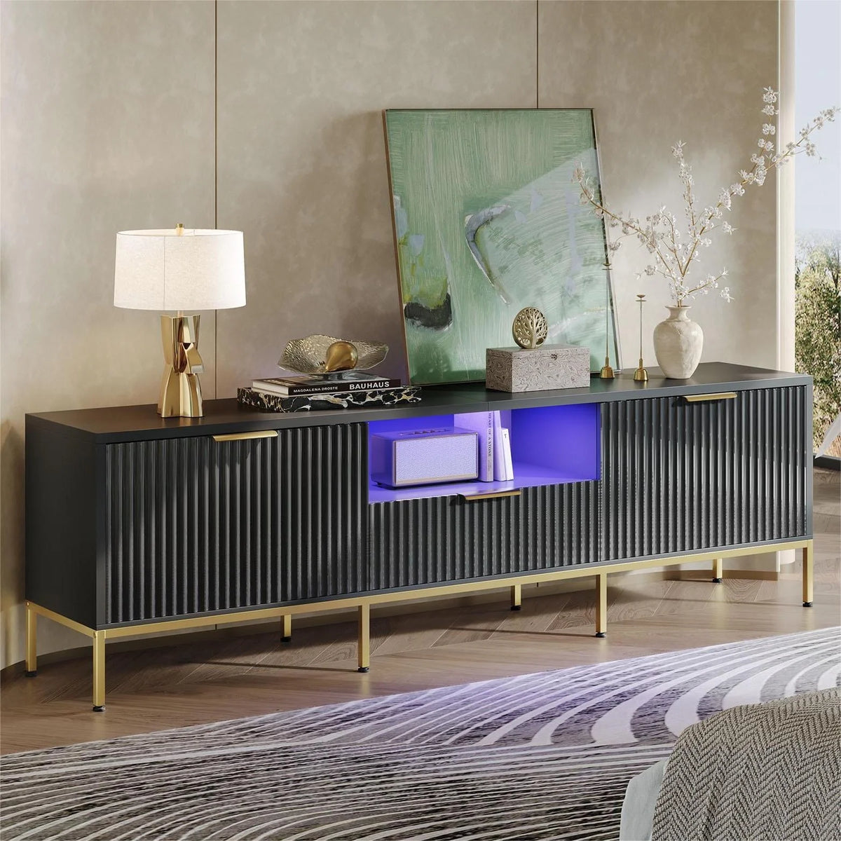 Bestier 55" LED TV Stand for TVs up to 60" Modern High Gloss Entertainment Center with Drawers Cabinets Fluted TV Console, White & Gold