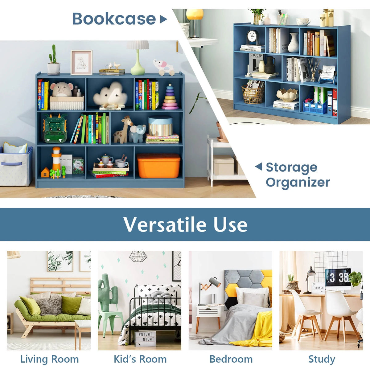 Costway 3-tier Open Bookcase 8-Cube Floor Standing Storage Shelves Display Cabinet White