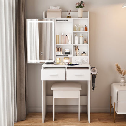 Montary Modern Mini Vanity w/Adjustable LED Mirror + Hidden Storage, Padded Stool & Dustproof Shelves (White)