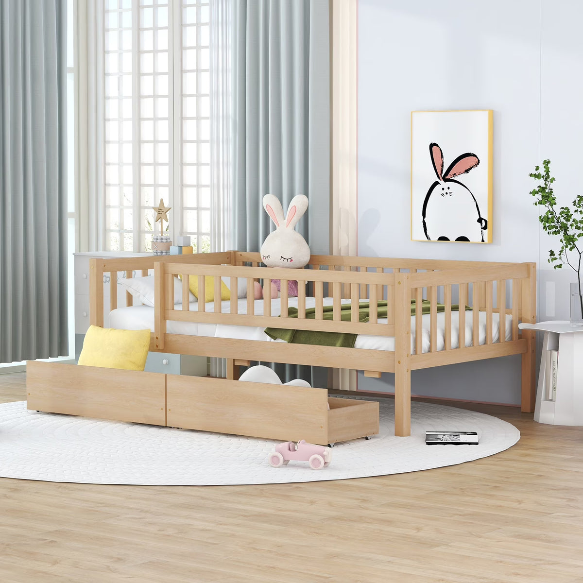 Holaki Twin Size Wood Bed with Guardrails and 2 Storage Drawers for Kids, Gray