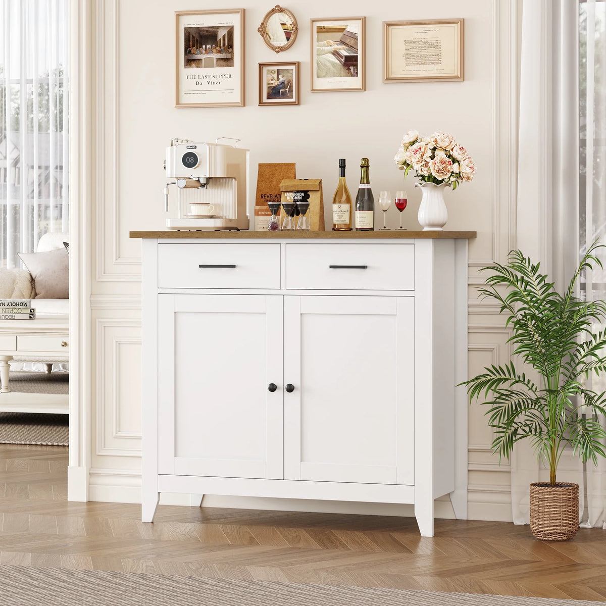 Homfa Entryway Cabinet, Kitchen Storage Cabinet, Farmhouse Buffet Sideboard with 2 Drawers and 2 Doors,Coffee Bar with Storage for Dining Room Living Room,White