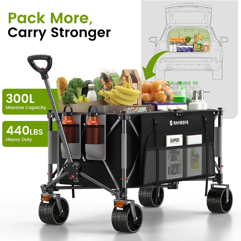 Raynesys 300L Foldable Wagon Cart with Wheels, 440lbs Heavy Duty Beach Wagon for Sand Sports Camping Grocery, Black & Gray