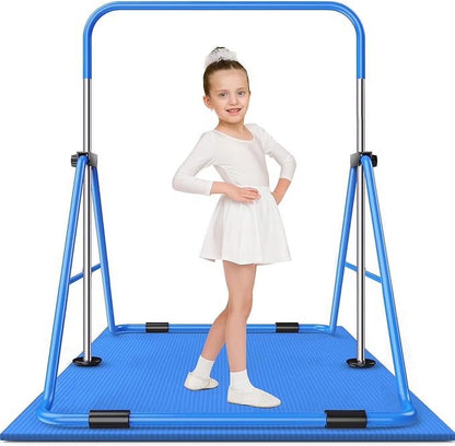 Safly Fun Gymnastics Bar with Mat for Kids, Height Adjustable Junior Training Bar Mat for Home, Folding Gymnastic Horizontal Bars Equipment (Pink+Mat)