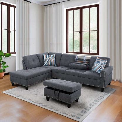 Aukfa 3 Piece Sectional Sofa, Living Room Couch with Storage Ottoman&Cup Holder, Linen, Right Hand, Purple