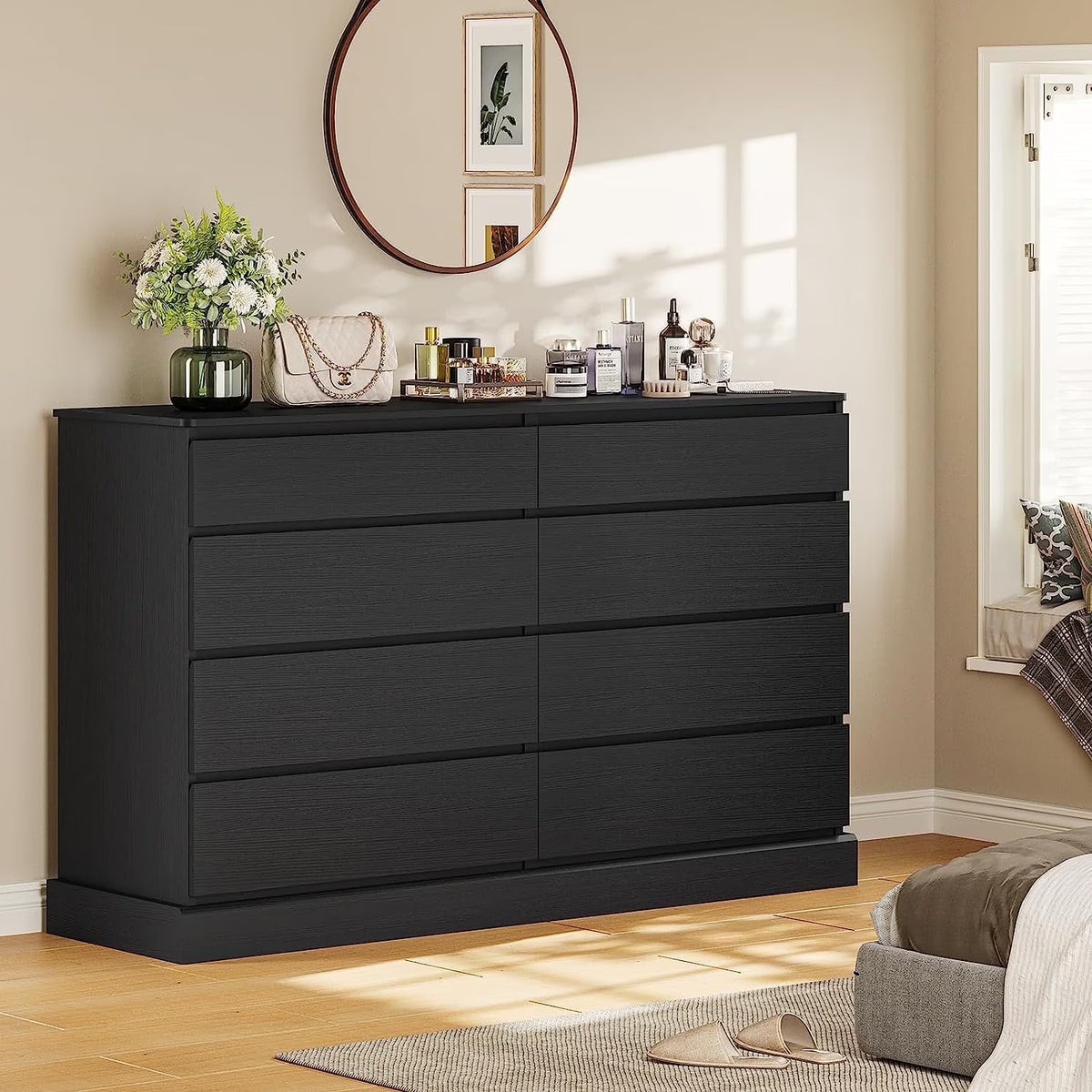 8 Drawers Double Dresser Wooden Black Chest of Drawers for Bedroom, Large Storage Cabinet for Home Living Room
