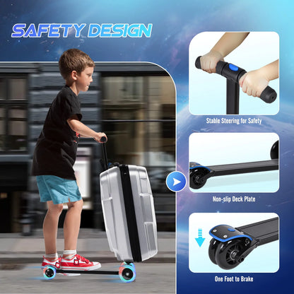 Advwin Ride-On Scooter Suitcase with LED Light-up Wheels, Hardshell Lightweight Foldable Rideable Luggage for Kids & Adults, Silver