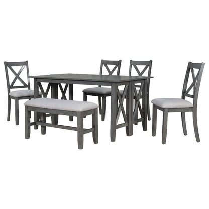 HANSHE Dining Table Set for 6, Farmhouse Dining Table Set with Foldable Table, Bench & 4 Chairs, Kitchen Table Sets with Chairs, Dining Room Set for Home Apartment Dorm, Gray