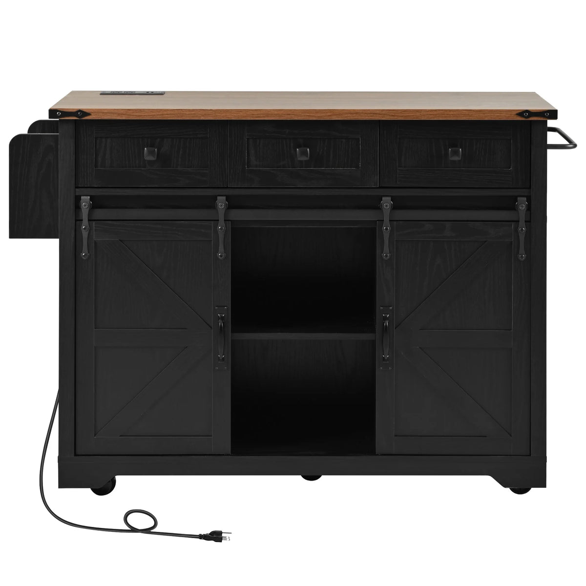 Homy Casa Farmhouse 53.7" Kitchen Island with Storage Cabinet, Sliding Barn Doors, and Wheels, White Oak