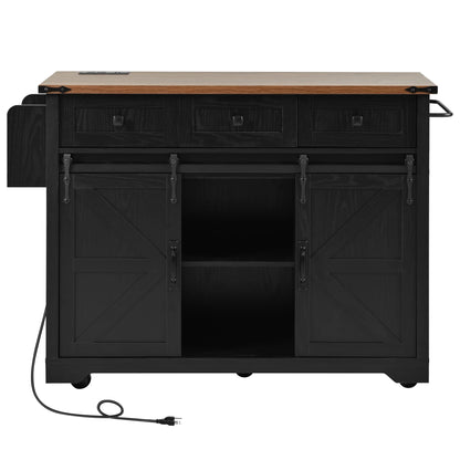Homy Casa Farmhouse 53.7" Kitchen Island with Storage Cabinet, Sliding Barn Doors, and Wheels, White Oak