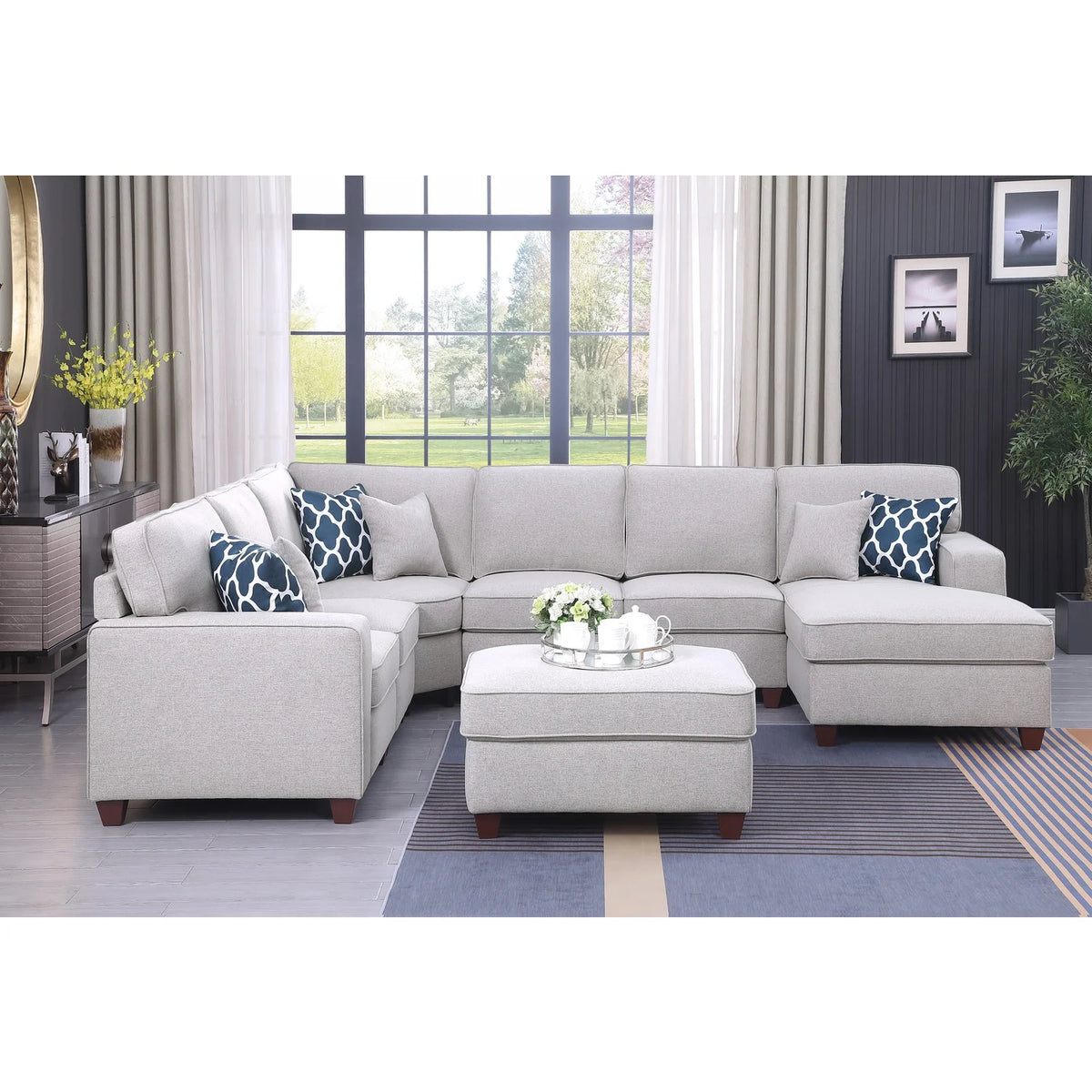Devion Furniture 7-Piece Upholstered Modern Fabric Sectional in Light Gray