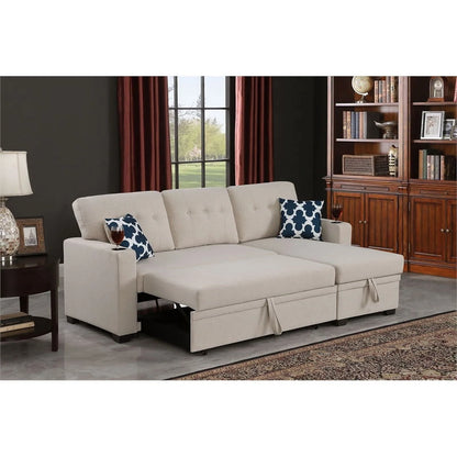 Reversible Fabric Sleeper Sofa Bed & Chaise with Cup Holder-Beige