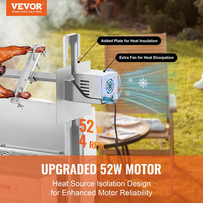 VEVOR Rotisserie Grill with Windscreen, BBQ Whole Pig Lamb Goat Charcoal Spit Grill, 46 Inch 132 Lbs Capacity, Electric 52W Motor Stainless Steel Roaster with Lockable Wheels, for Camping Outdoor
