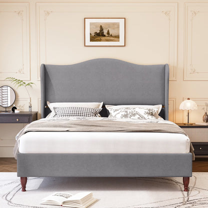 Neche Queen Upholstered Bed Frame with 51" Tall Headboard Classic Curved Wingback Platform Bed with Soft Fabric, Retro Simple Sleigh Bedframe No Box Spring Needed/Easy Assembly, White