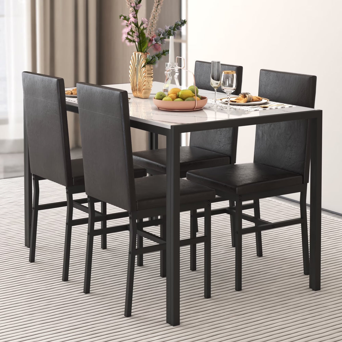 5 Piece Dining Set, Modern Dining Table and Chairs Set for 4, Counter Height Bar Table Set, Modern Pub Table with 4 Velvet Fabric Cushioned Stools, Faux Marble Dining Table & Stools Set, D9297