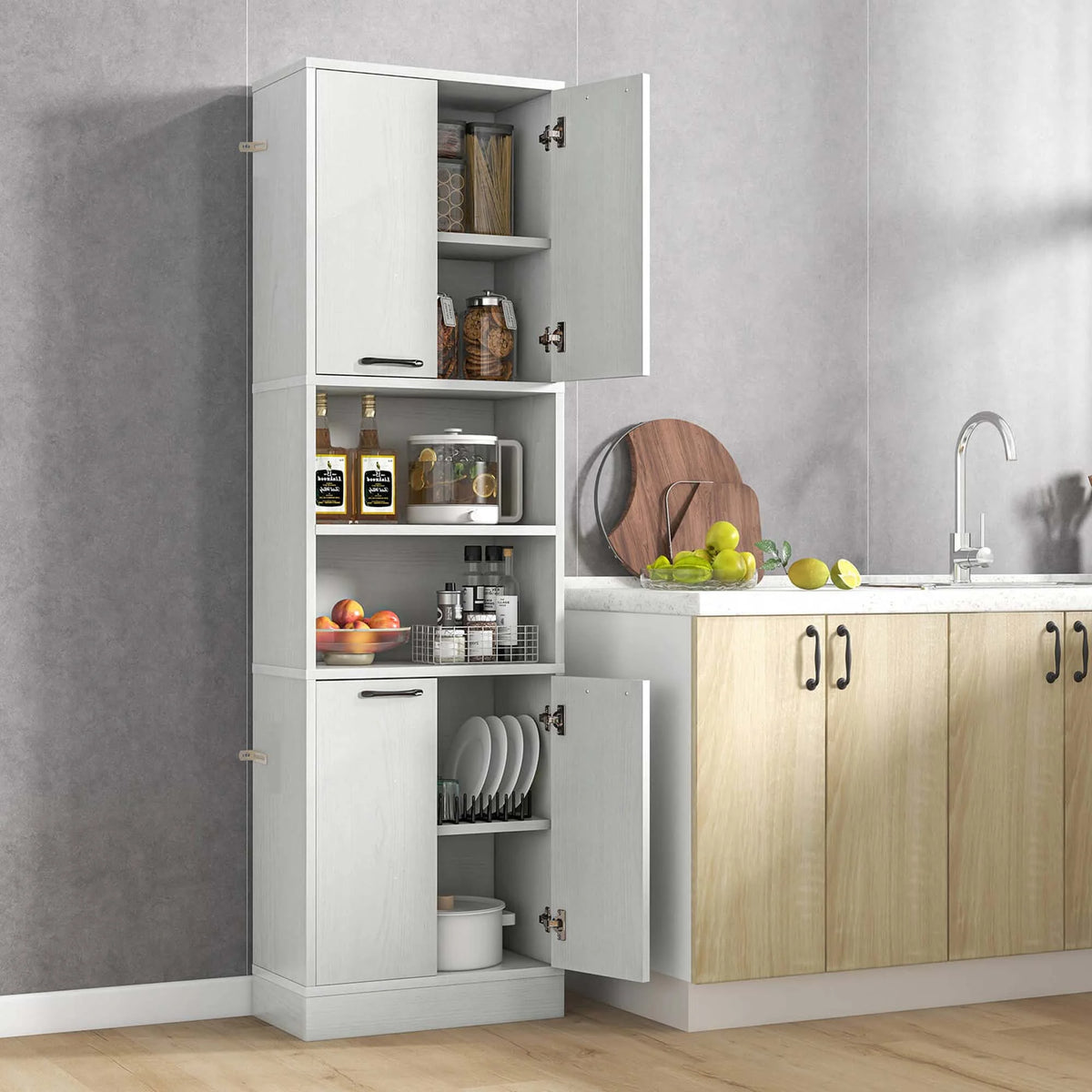 Costway 75" Tall Bathroom Storage Cabinet with 4 Doors & 2 Open Compartments Freestanding White