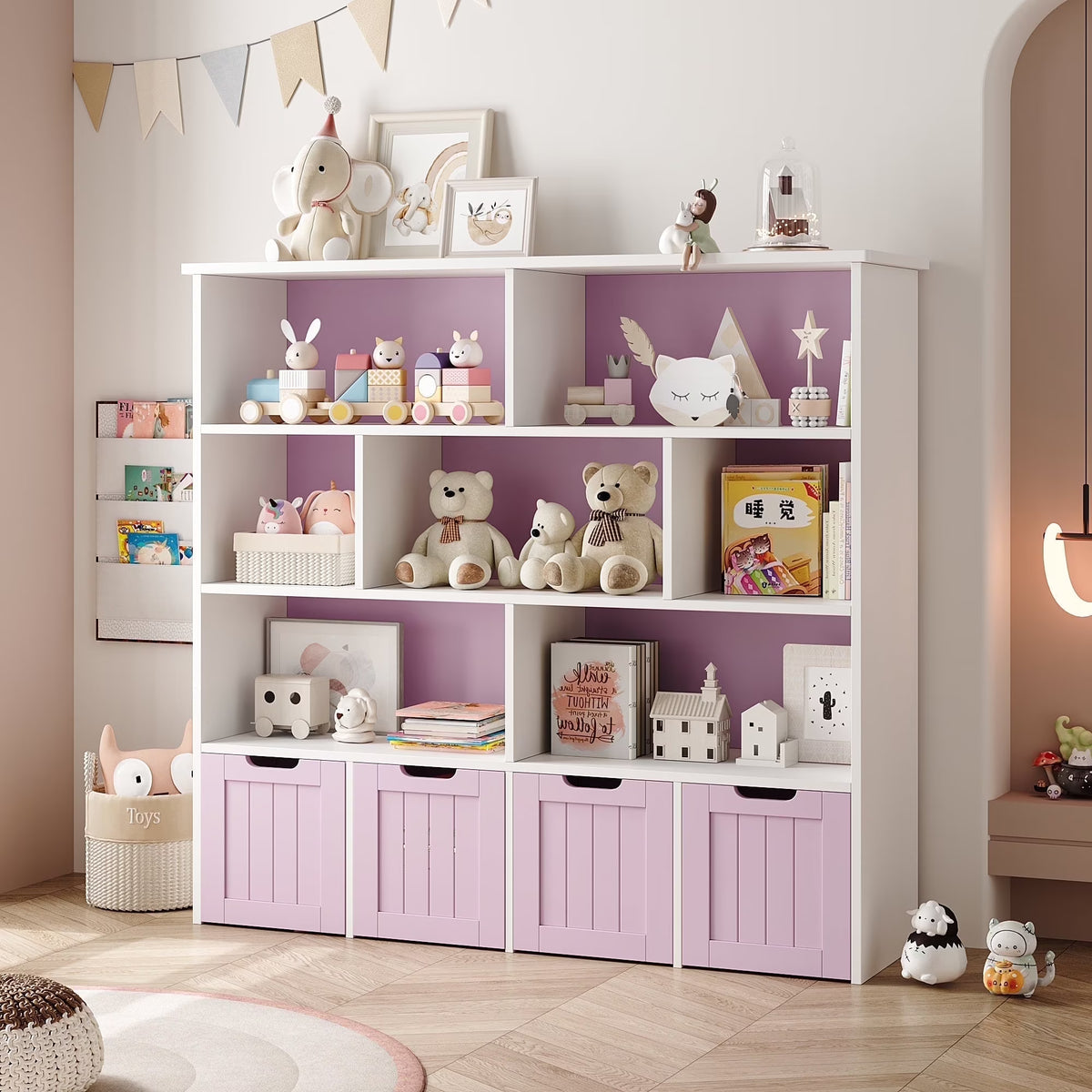 Homfa 7 Cube Toy Storage Organizer, Kids Geometric Bookcase and Bookshelf with 4 Drawers, White