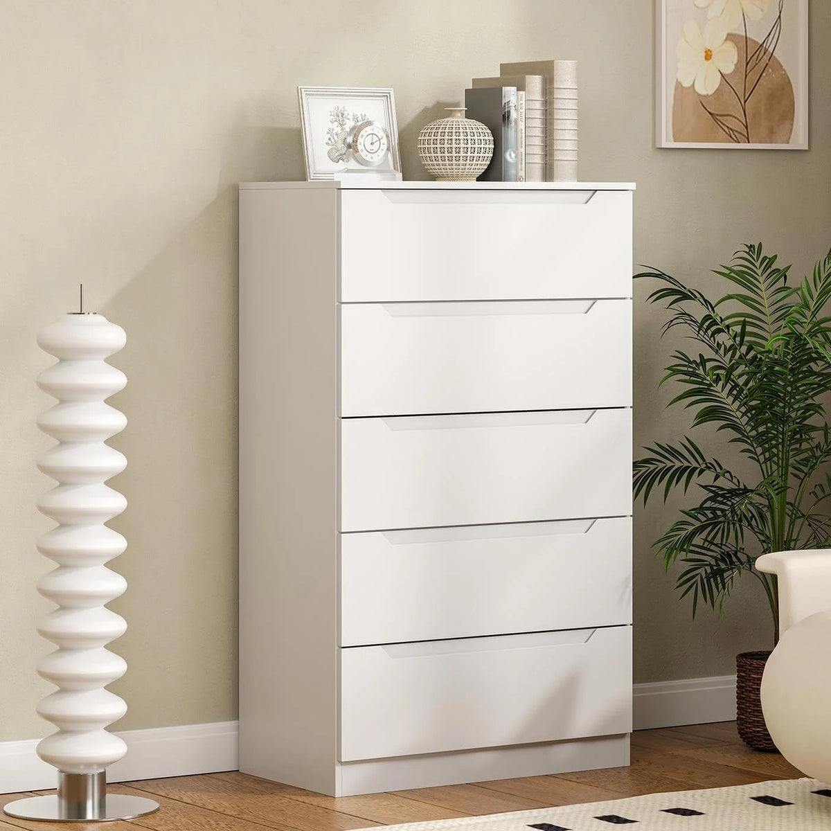 Winkalon Vertical 5 Drawer Dresser, Wood Storage Cabinet with Upgraded Stable Base for Bedroom Living Room, Black