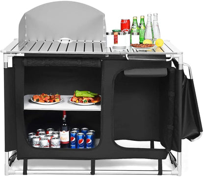 Portable Camping Kitchen Table, Camping Grill Table w/Windscreen & Storage Organizer, Outdoor Kitchen Cook Station with Basin for BBQ, Party, Picnics, Backyards, BBQ Table