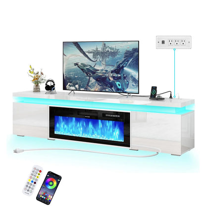 Blotout High Gloss LED TV Stand for up to 80" TVs /40" Electric Fireplace, 71" Large Entertainment Center Console Table with Power Charging Station