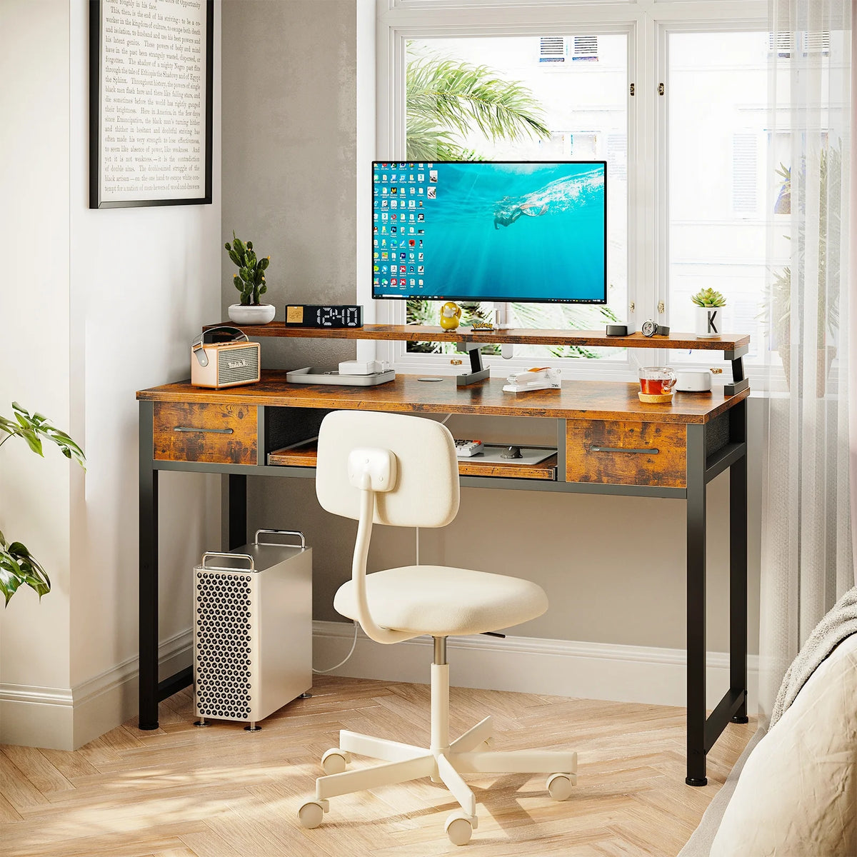 White Computer Desk with Drawers for Storage - 48 inch Home Office Desk with 8 Fabric Drawers, Writing Study Desk with Drawers on Both Sides for Bedroom