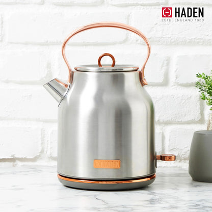 Haden Heritage 1500 1.7 Electric Kettle, Matte Black Finish with Copper Accents
