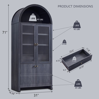 SinCiDo Arched Kitchen Pantry Storage Cabinet, 71-Inch Tall Wood Adjustable Shelves, 2 Doors, 2 Drawers