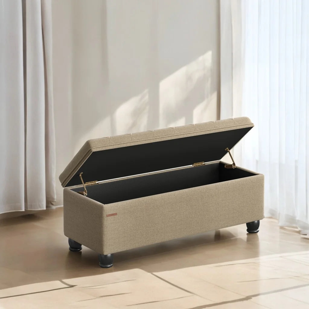SONGMICS 46.5" Storage Ottoman Bench Storage Bench Bedroom Bench 330lb Load Capacity Solid Wood Legs Light Gray