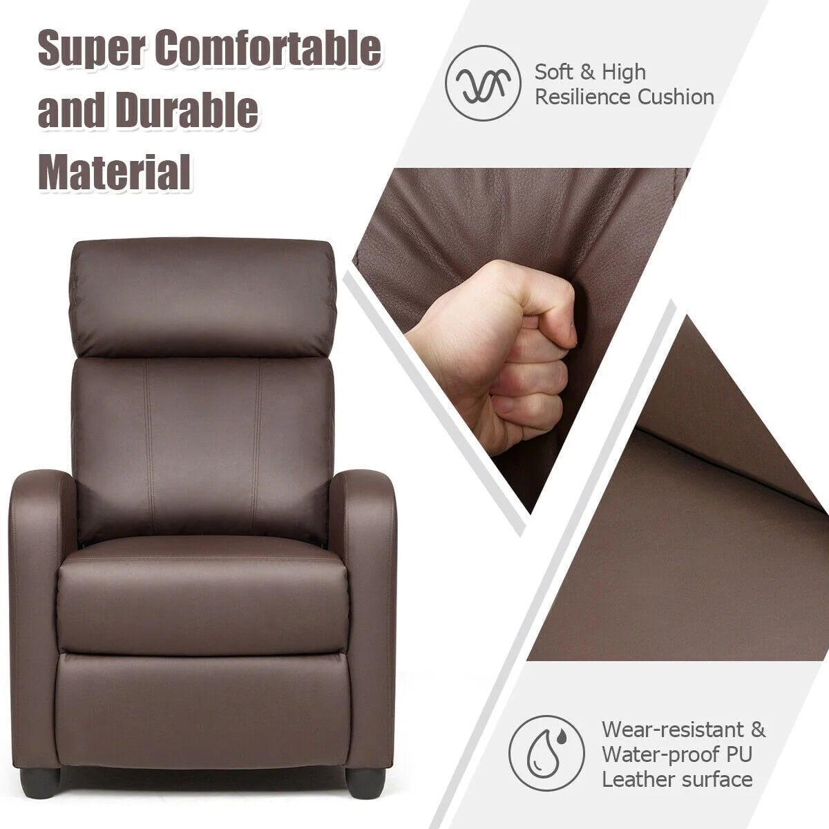 Gymax Massage Recliner Chair Single Sofa PU Leather Padded Seat w/ Footrest Brown