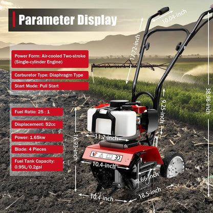 Wuzstar 52CC 2 Stroke Gasoline Engine Rototiller Mini Garden Single-Cylinder Tiller Cultivator