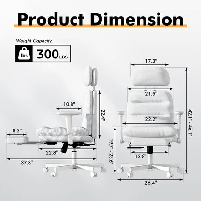 Solfway Criss Cross Chair with Wheels & Flip-up Arms, Executive Office Chair with Foot Rest, Swivel Cross Legged Office Chair, White Corduroy Fabric Comfy Computer Desk Chair, Vanity Chair for Home