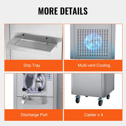 KFFKFF Commercial Ice Cream Machine, 18L/Hour Output, 1780W, Single Flavor, Mobile with Wheels, 6L Stainless Steel Cylinder, LED Screen, Auto Clean & Pre-cool