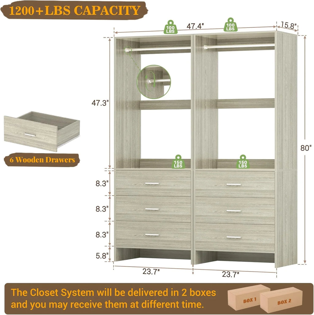 Homieasy Closet System Closet Organizer, Wood Closet Organizer System, Walk-in Closet or Small Closets Wardrobe, Clothes Rack with Hanging Rods, 4FT Closets, Set of 2, White Oak