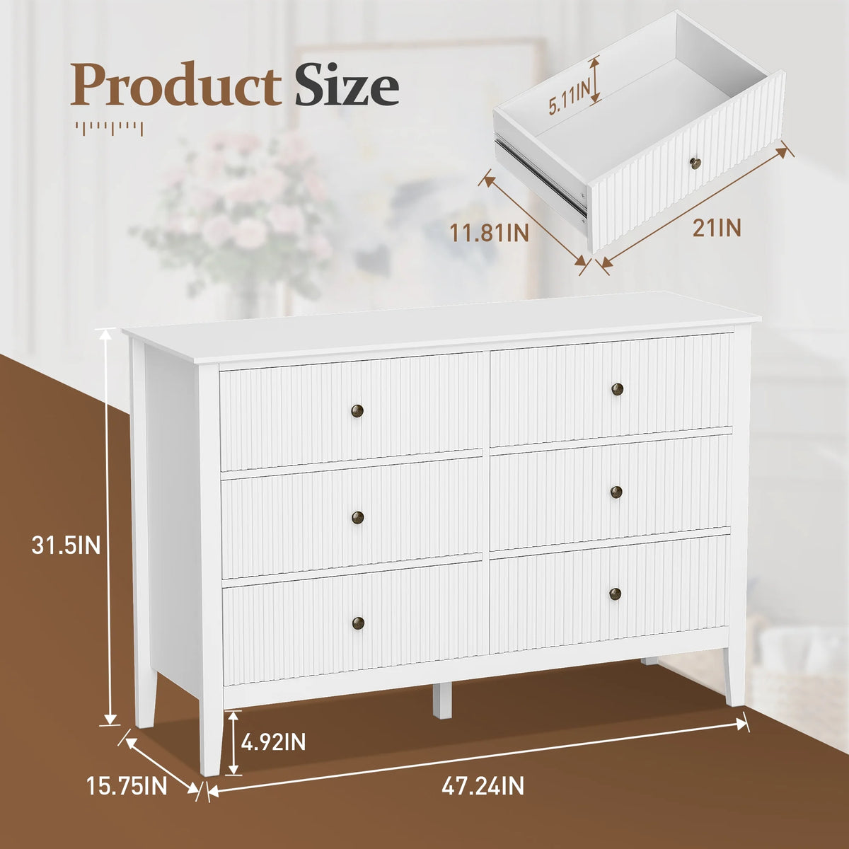 May Color Large White 3 Drawer Dresser Set of 2 with Fluted Panel, Modern Chest of Drawers with Silent Slide Drawers, Wood Accent Nightstand with Storage for Bedroom Living Room, Hallway