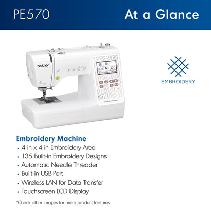 Brother PE570 Embroidery Machine with 135 Built-in Designs, Wireless Connectivity, and Artspira App Integration