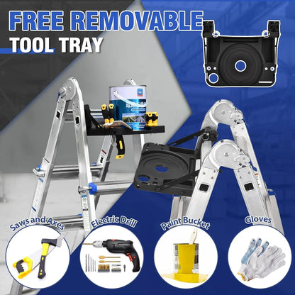HBTower Ladder, A Frame 4 Step Extension Ladder, 14 Ft Multi Position Ladder with Removable Tool Tray and Stabilizer Bar, 330 lbs Capacity Telescoping Ladder for Household and Outdoor Work
