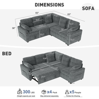BedLuxury 83" Sectional Sleeper Sofa with Pull Out Bed, L Shaped Couch with Storage Seat for Living Room, Gray