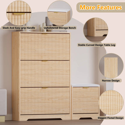 FANRAL Shoe Cabinet with 2 Flip Drawers & Open Storage,Fluted Shoe Storage Cabinet Rack Organizer with Adjustable Shelves for Entryway,Closet,Hallway,White