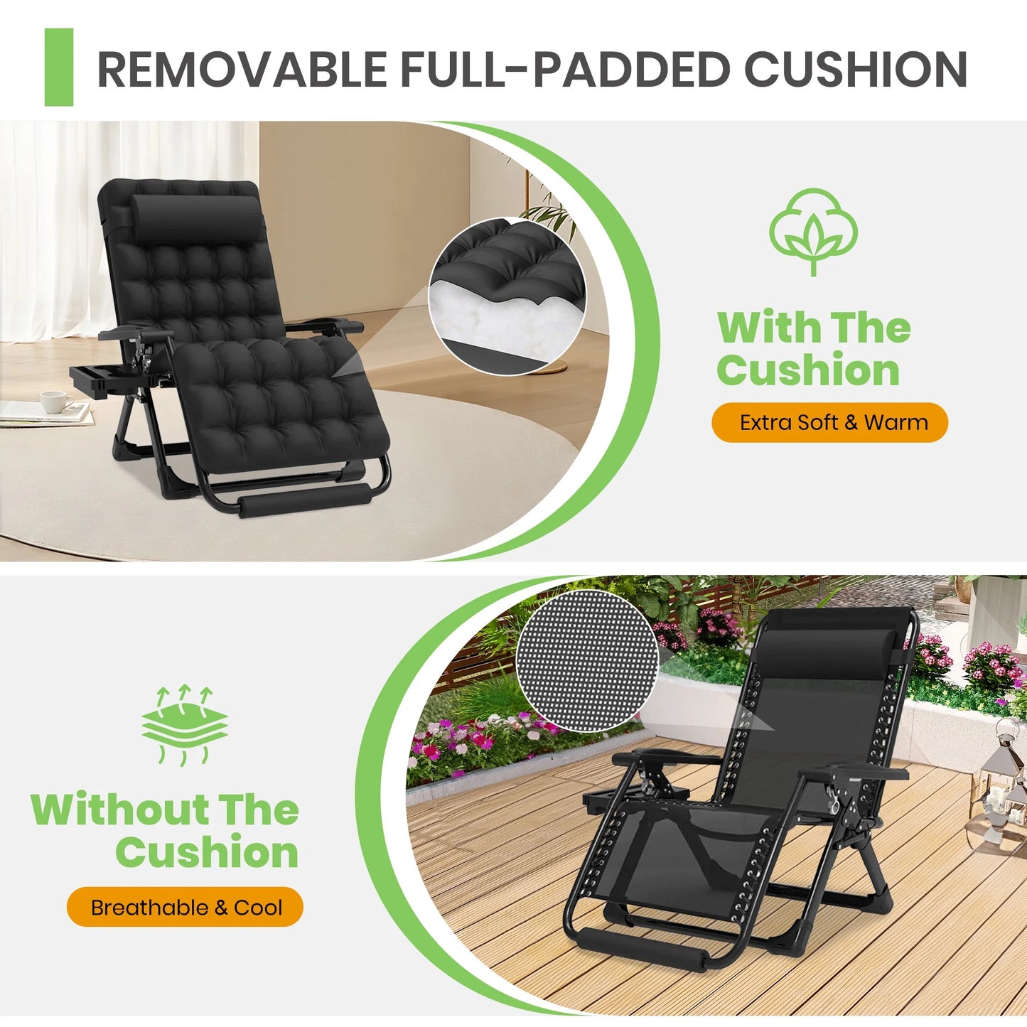 GVDV Oversized Zero Gravity Chair, 33In XXL Lounge Chair with Removable Thick Cushion, Lawn Patio Reclining Chair Upgraded Alloy Lock and Cup Holder, for Indoor Outdoor, Black