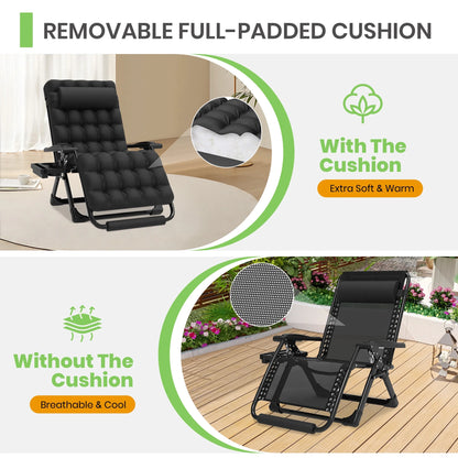 GVDV Oversized Zero Gravity Chair, 33In XXL Lounge Chair with Removable Thick Cushion, Lawn Patio Reclining Chair Upgraded Alloy Lock and Cup Holder, for Indoor Outdoor, Black