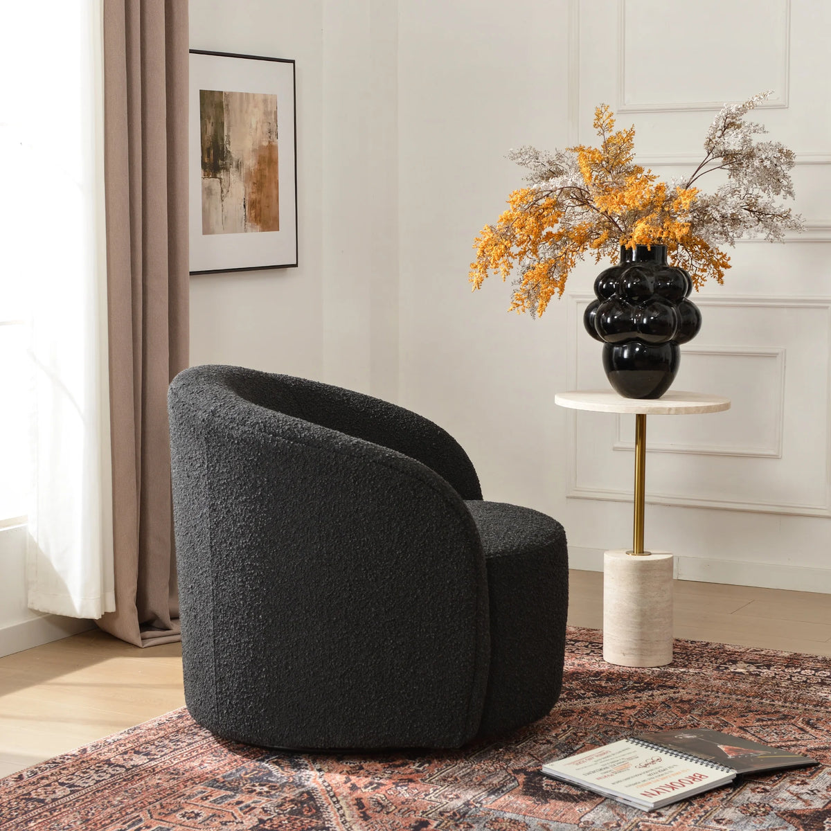 34" W Mid Century Modern Swivel Barrel Chair, Round Upholstered Boucle Swivel Accent Chairs, No Assembly Sofa Chair for Living Room Bedroom Reading Apartment Lounge Nursery(Cream)