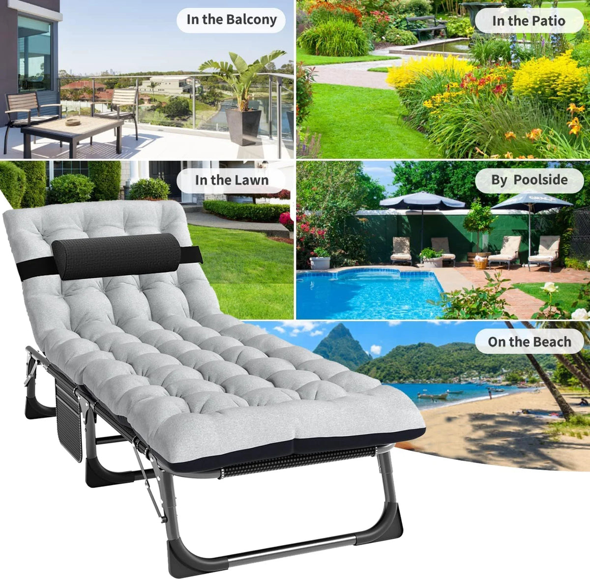 Slsy Folding Lounge Chair, 5-Position Adjustable Outdoor Reclining Chair, Folding Sleeping Bed Cot, Folding Chaise Lounge Chair for Pool Beach Patio Sunbathing