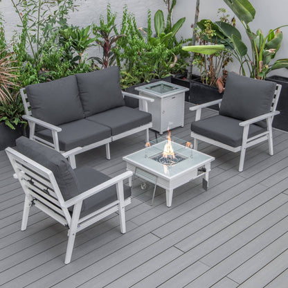 LeisureMod Walbrooke Modern Aluminum 5-Piece Patio Conversation Set with Outdoor Square Fire Pit Table with Slats Design & Side Table Tank Holder (Green)