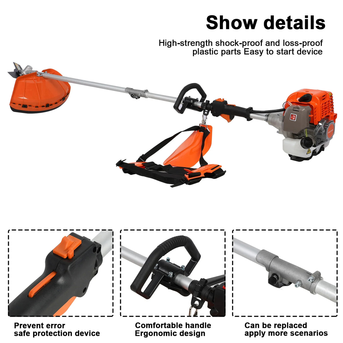 Gas Weed Eater 52cc, Powerful 2-Stroke Engine Weed Wacker with Multi-Function Attachments, 9500rpm Gas Powered Brush Cutter, Orange, for Lawn & Garden