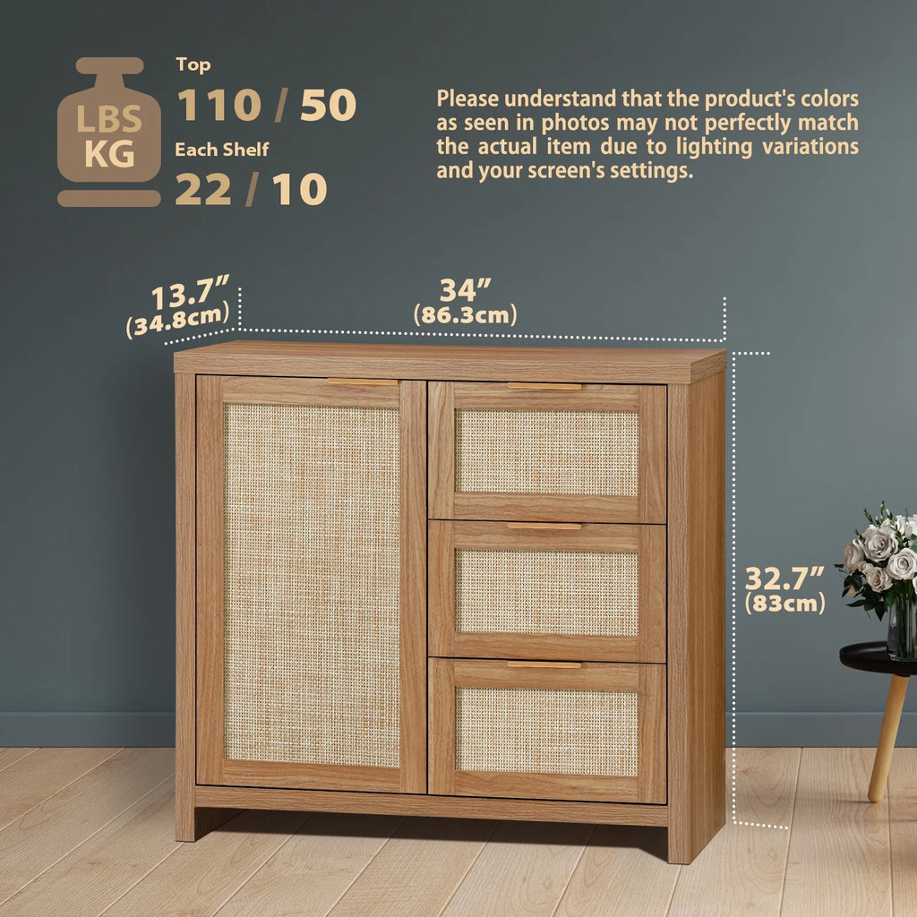 ARKANTOS Sideboards and Buffets, Boho Storage Cabinets with Rattan Doors and Drawers, Natural Oak
