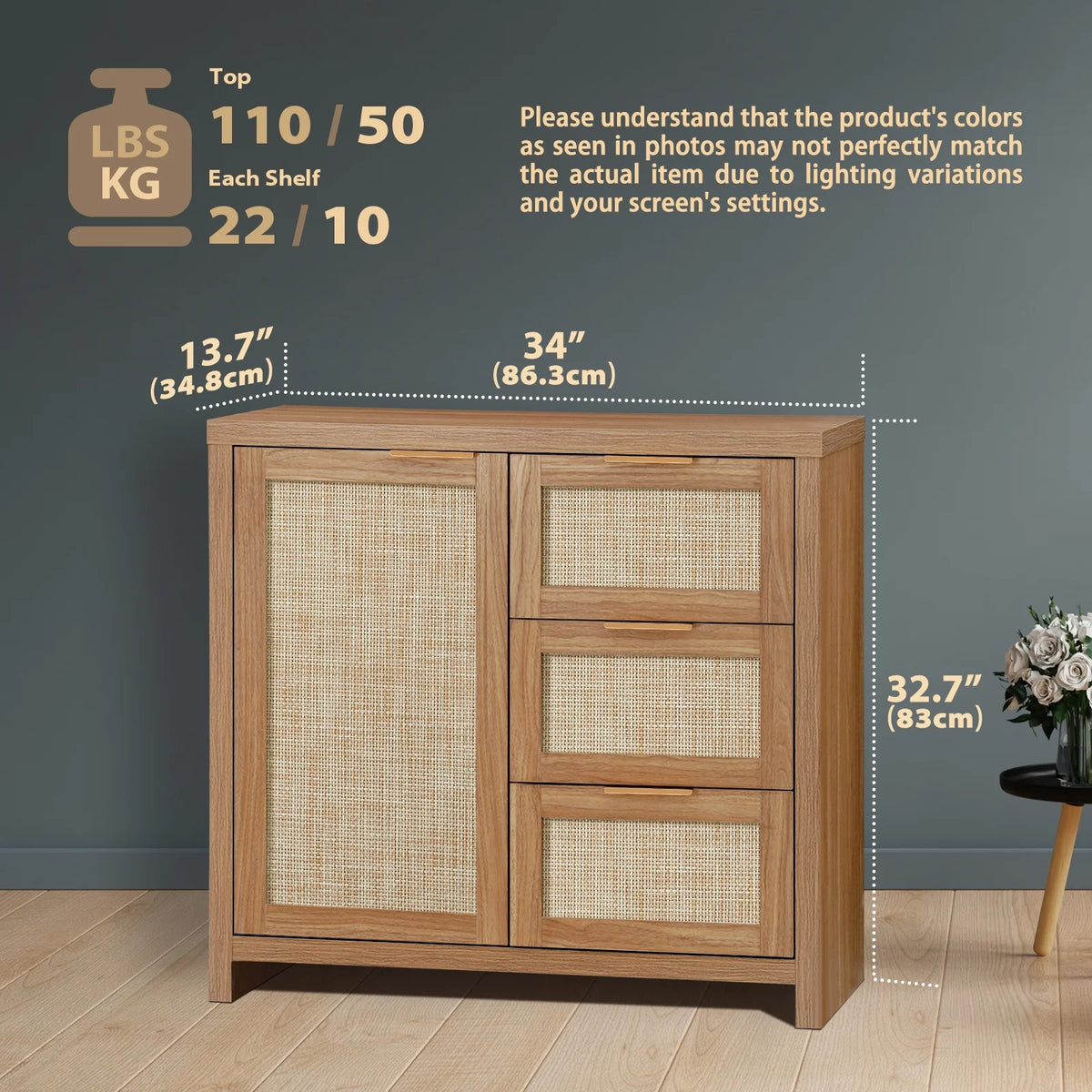 ARKANTOS Sideboards and Buffets, Boho Storage Cabinets with Rattan Doors and Drawers, Natural Oak