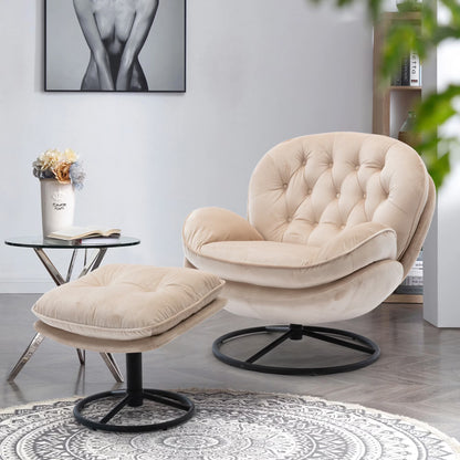 Velvet Swivel Accent Chair with Ottoman, Modern Chaise Lounge Chair with Metal Frame and Footstool, Comfy Armchair Reading Chair for Living Room Bedroom Office,Blue
