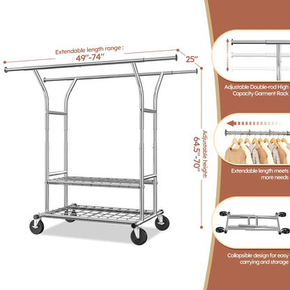 Clothes Rack with Wheels, Heavy-Duty Garment Rack for Hanging Clothes, Adjustable  Freestanding Wardrobe Organizers and Storage with Double Sheves