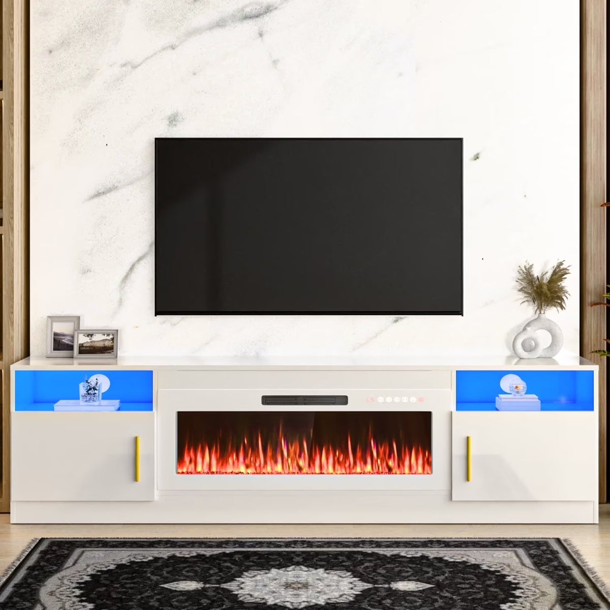 Waleaf Fireplace TV Stand with 36" Electric Fireplace Up to 80" TVs, Modern Wood Media TV Console with Highlight Cabinet, White