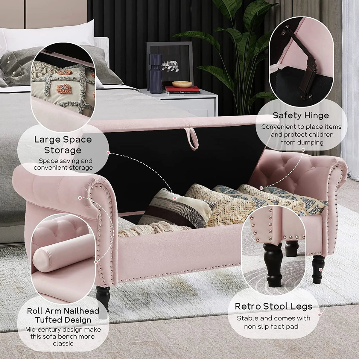 Sumdeal 43.5" Storage Ottoman Bench with 250lb Seating, Linen Upholstered Wood Legs Safety Hinge Flip Top Oval Foot Rest Long Stool for Sofa Couch Bedroom End of Bed Living Room Entryway, White