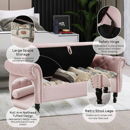 Sumdeal 43.5" Storage Ottoman Bench with 250lb Seating, Linen Upholstered Wood Legs Safety Hinge Flip Top Oval Foot Rest Long Stool for Sofa Couch Bedroom End of Bed Living Room Entryway, White